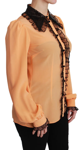 Yellow silk sequin lace blouse by Dolce & Gabbana featuring intricate lace and shimmering sequin details.
