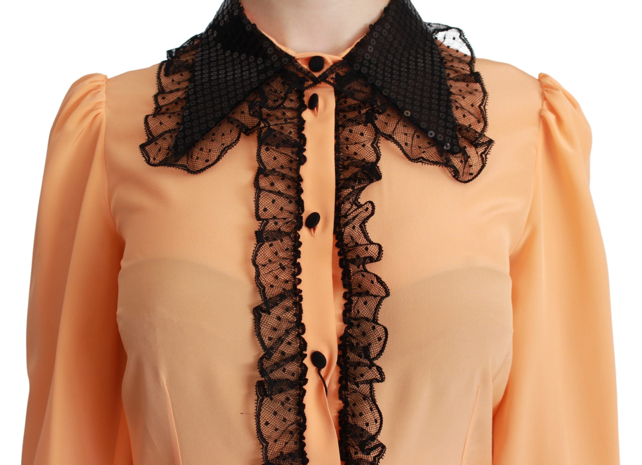 Yellow silk sequin lace blouse by Dolce & Gabbana with intricate lace details and shimmering sequins.