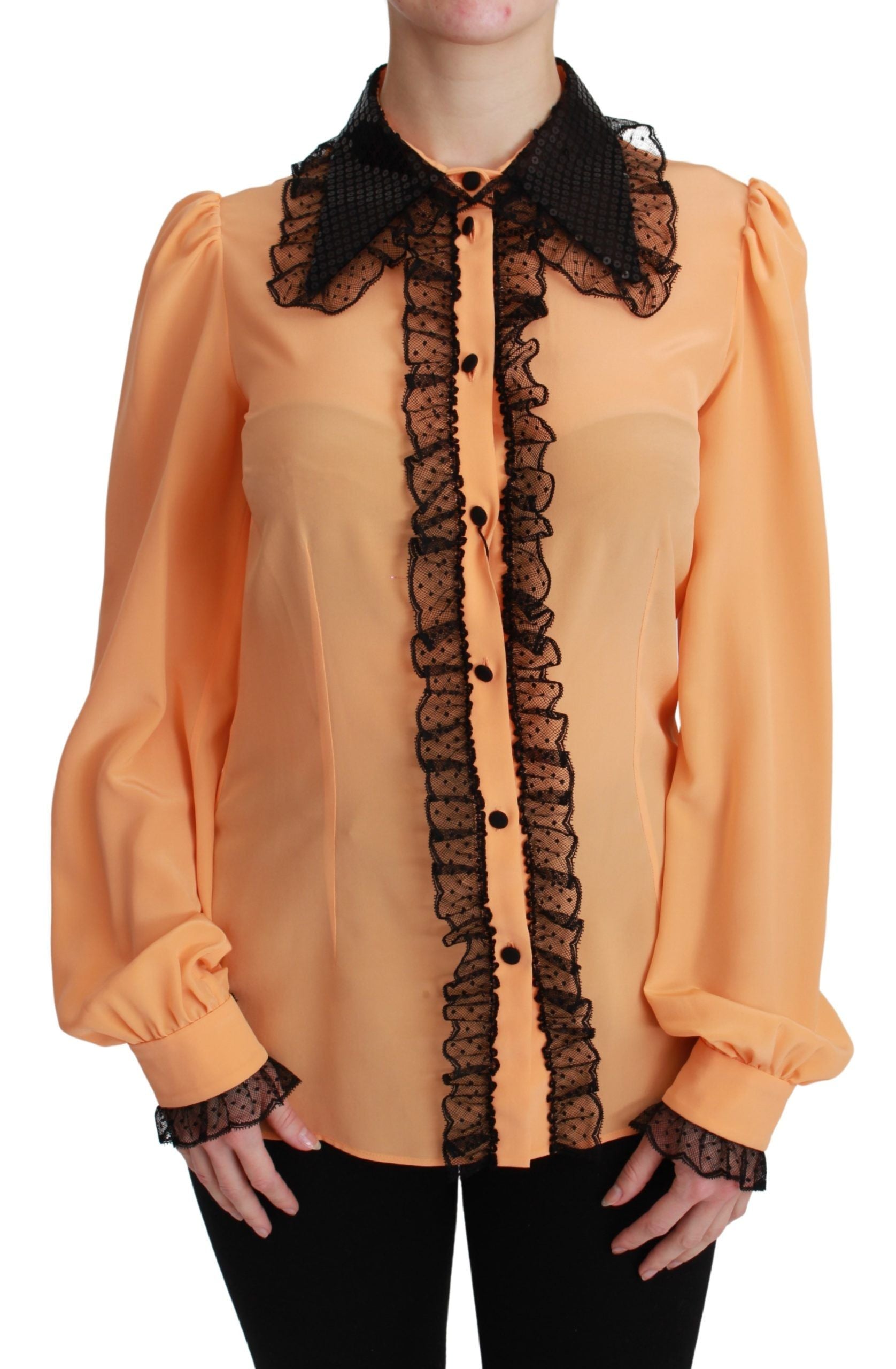 Yellow silk sequin lace blouse shirt by Dolce & Gabbana featuring intricate lace and shimmering sequin details.