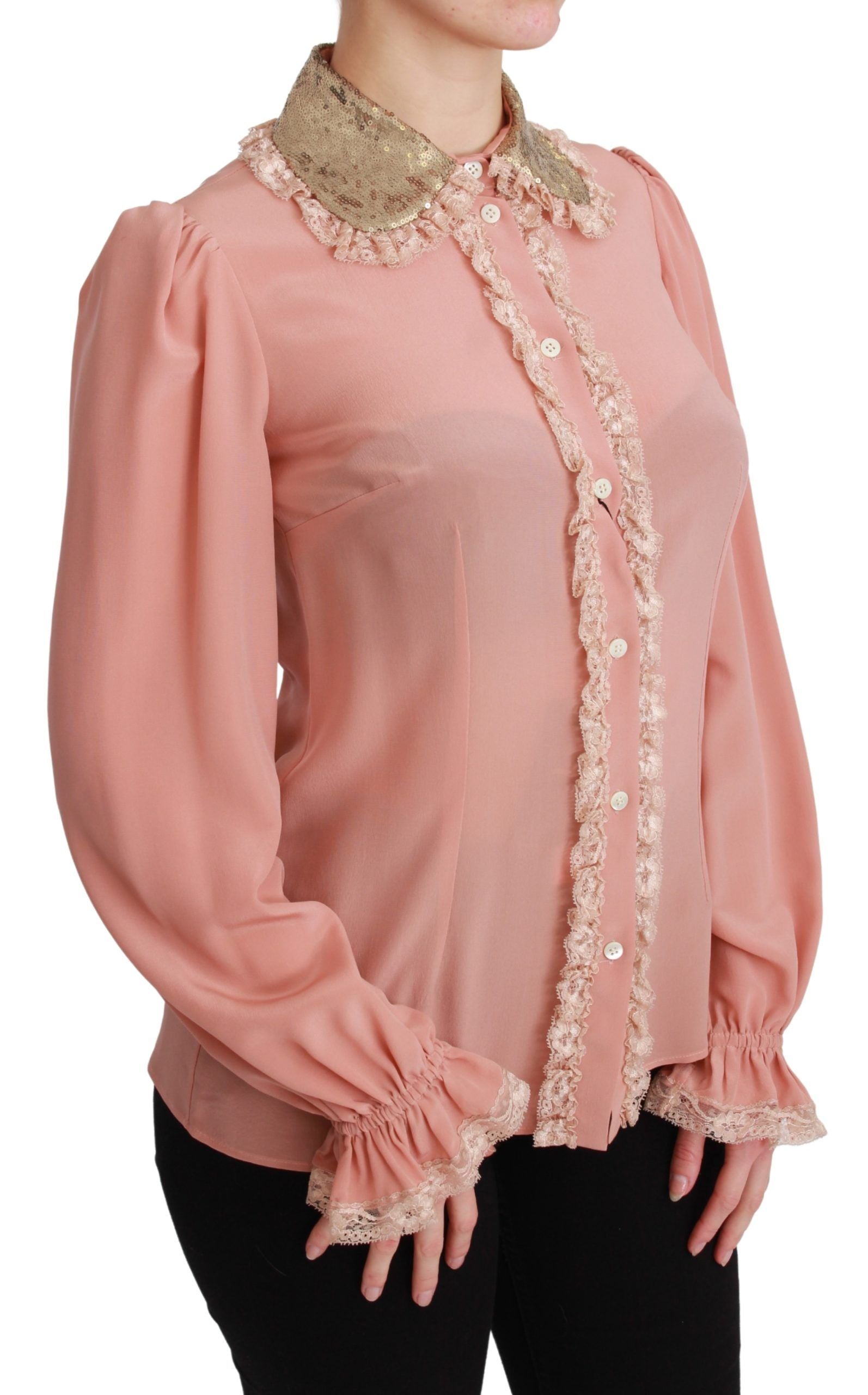Pink silk blouse with gold sequin lace details from Dolce & Gabbana, featuring a stylish, elegant shirt design.