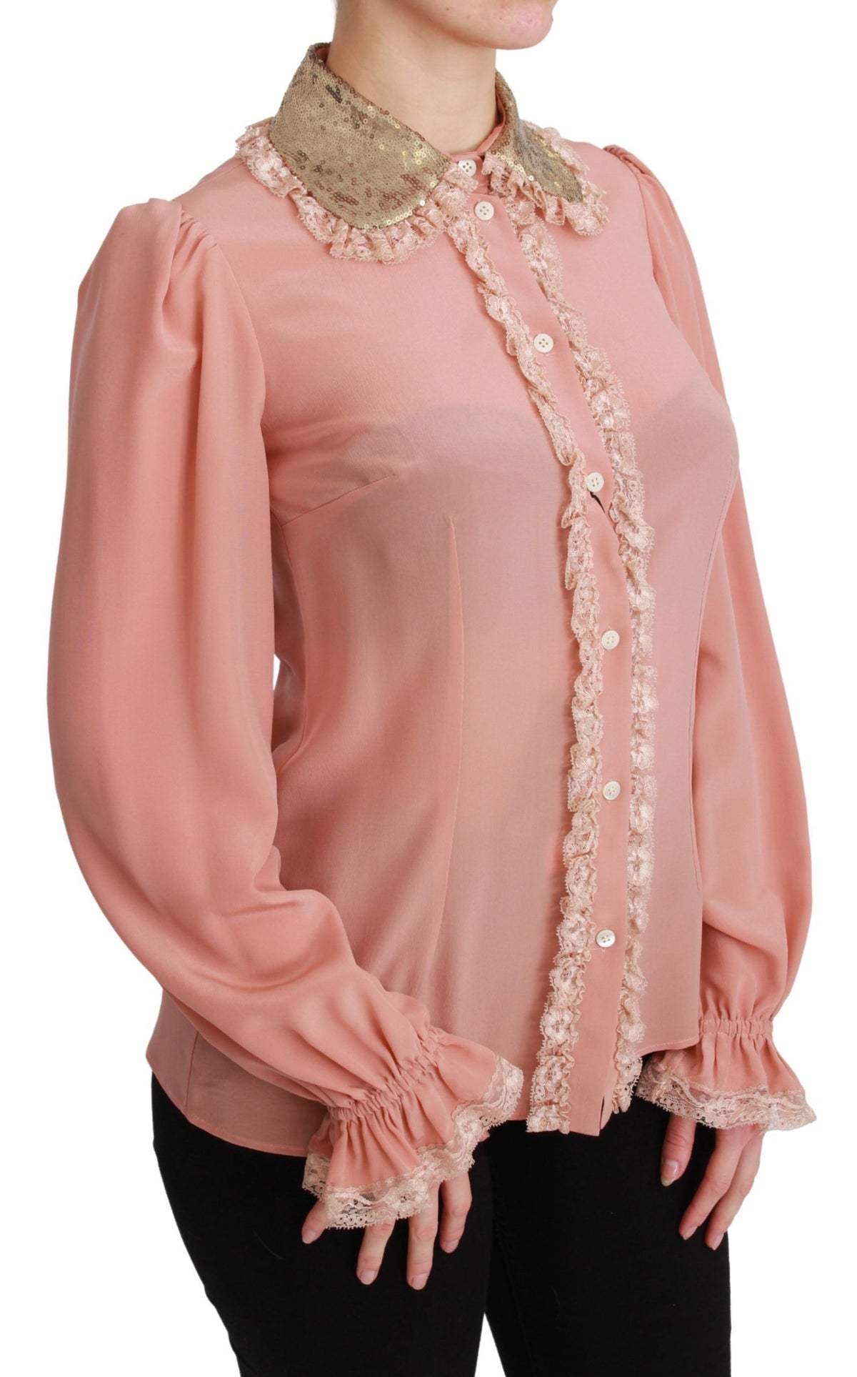 Pink silk blouse with gold sequin lace details from Dolce & Gabbana, featuring a stylish, elegant shirt design.