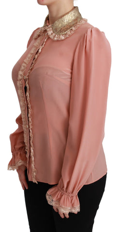 Pink silk blouse with gold sequin lace details from Dolce & Gabbana, featuring a stylish, elegant shirt design.