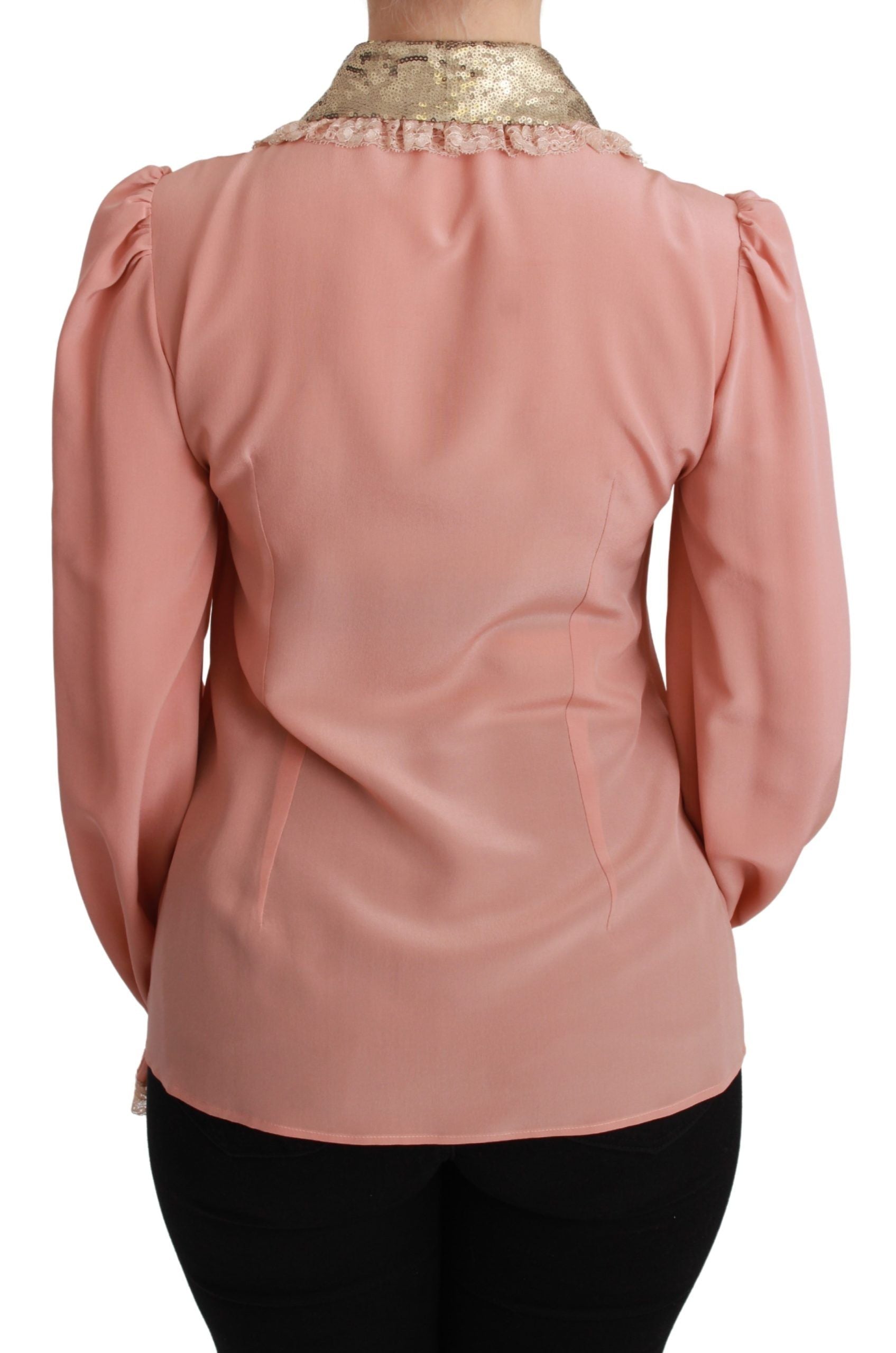 Pink silk blouse with gold sequin lace detailing by Dolce & Gabbana, featuring a stylish and elegant shirt design.