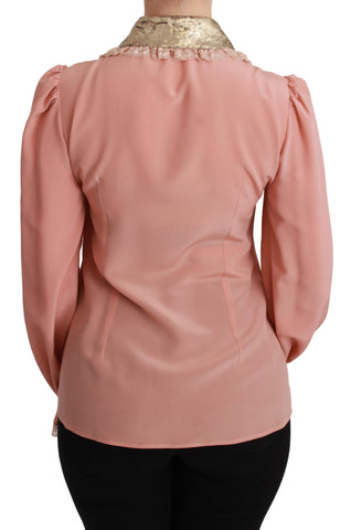 Pink silk blouse with gold sequin lace detailing by Dolce & Gabbana, featuring a stylish and elegant shirt design.