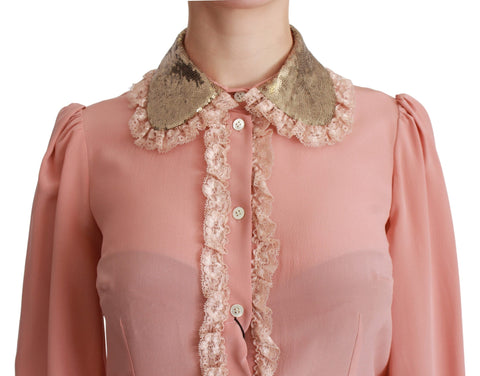 Pink silk blouse with gold sequin lace details from Dolce & Gabbana, featuring elegant long sleeves and intricate lace accents.
