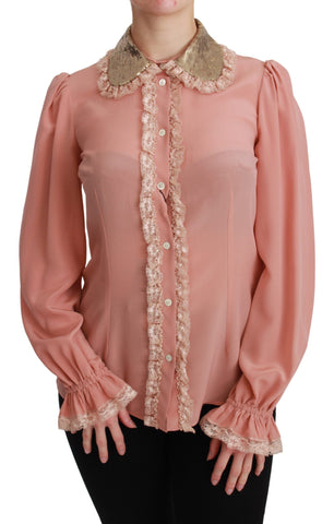 Pink silk blouse with gold sequin lace details, Dolce & Gabbana, stylish shirt with elegant design and intricate embroidery.
