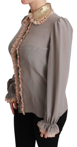 Gray silk blouse with gold sequin lace details, stylish Dolce & Gabbana shirt, elegant and luxurious fashion top