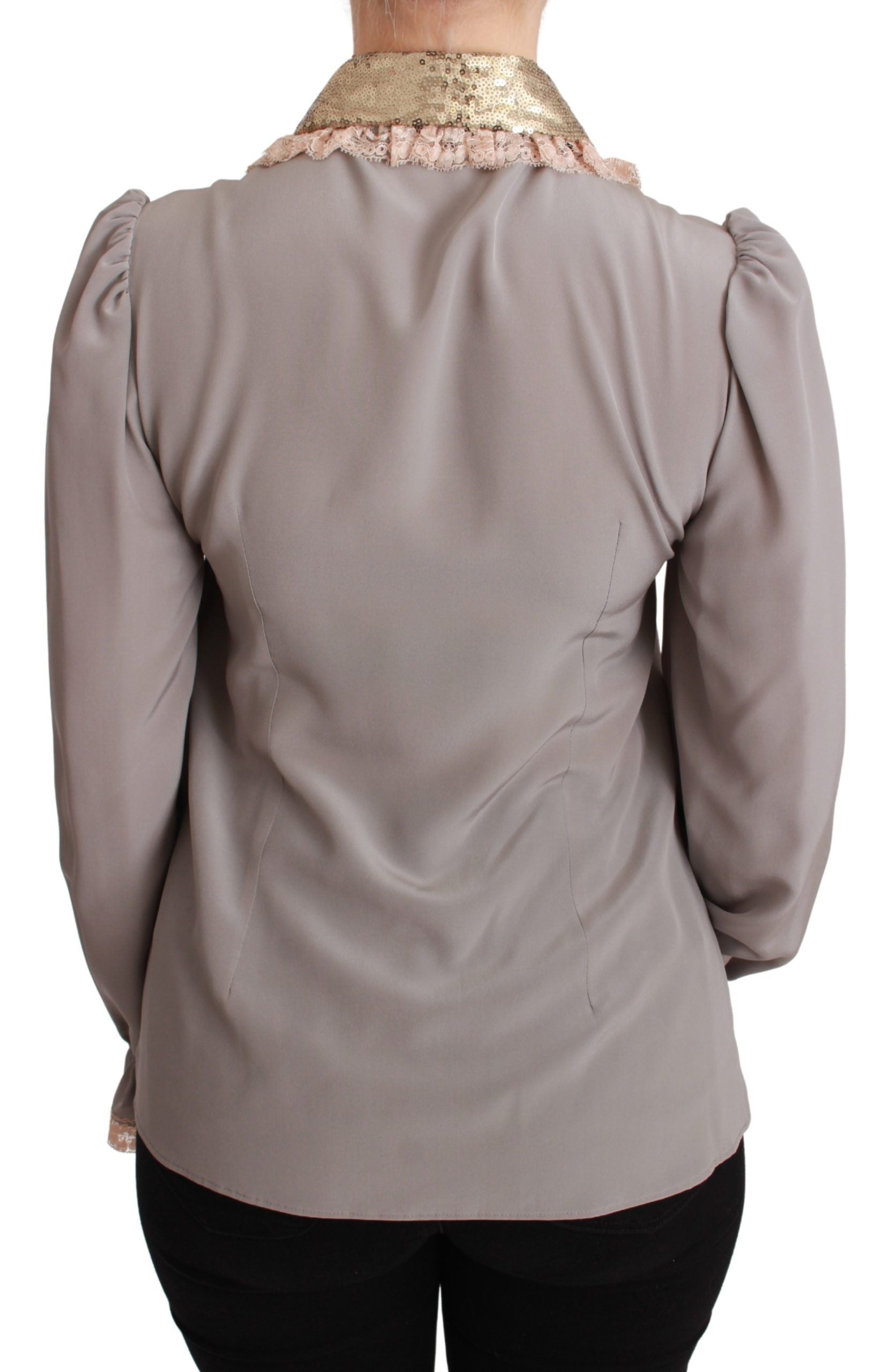 Gray silk blouse with gold sequin lace detailing, stylish Dolce & Gabbana shirt featuring elegant design and delicate fabric.