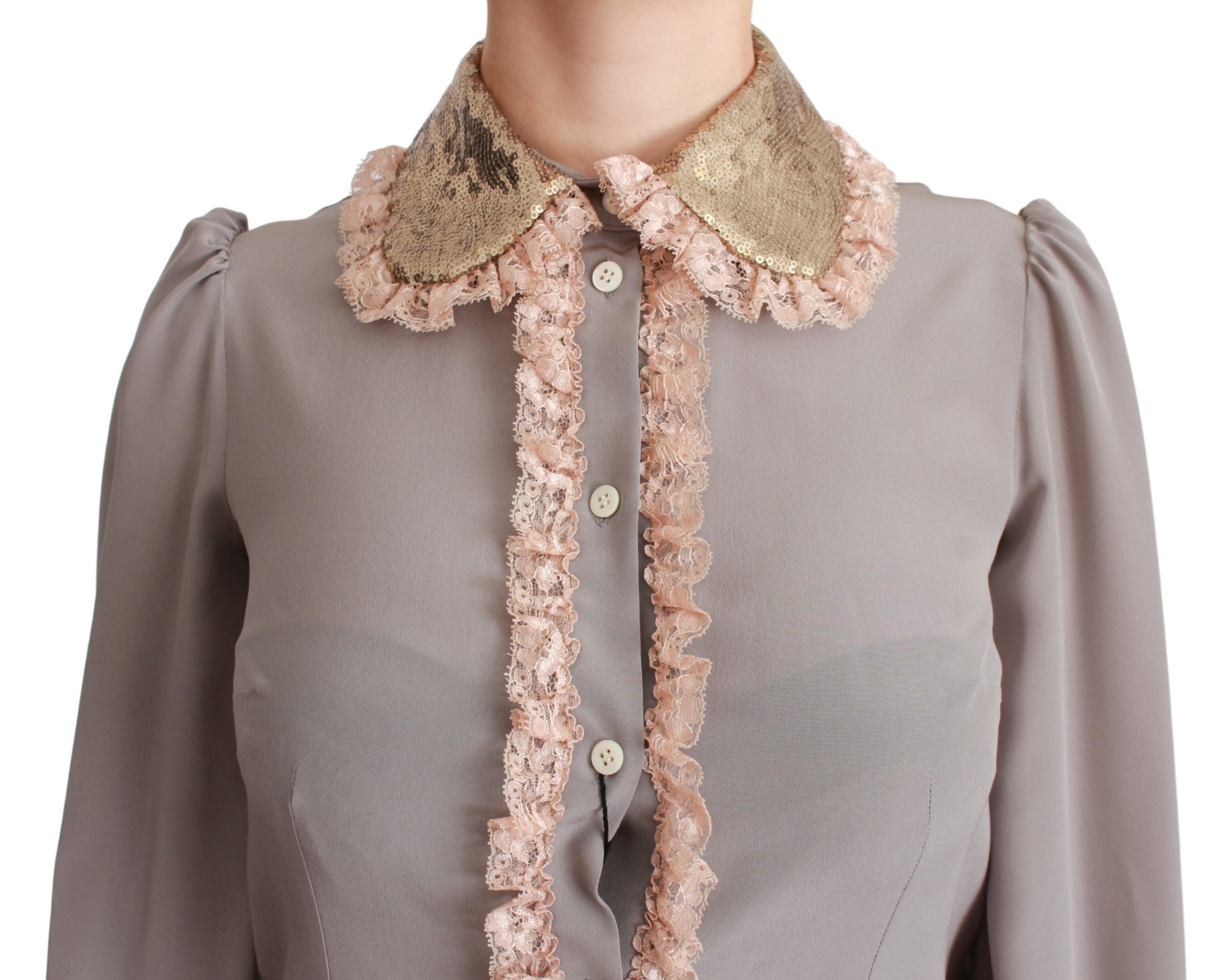 Gray silk blouse with gold sequin lace detailing by Dolce & Gabbana, featuring long sleeves and elegant design.