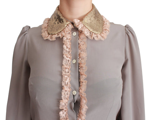Gray silk blouse with gold sequin lace detailing by Dolce & Gabbana, featuring long sleeves and elegant design.
