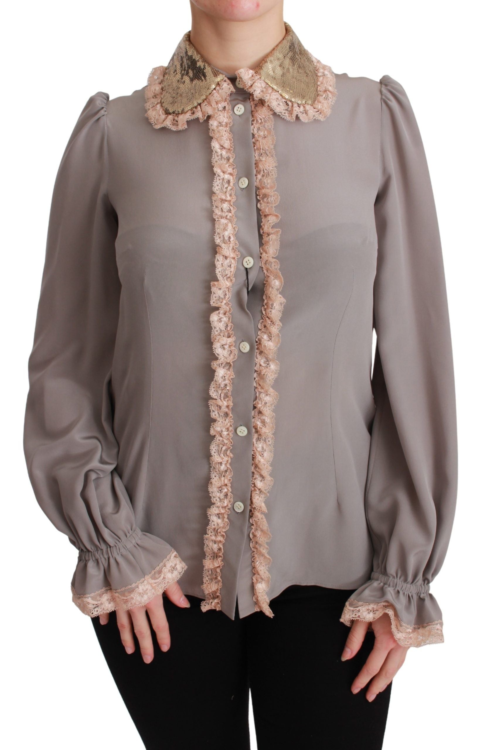 Gray silk blouse with gold sequin lace details from Dolce & Gabbana, featuring a stylish, elegant shirt design.