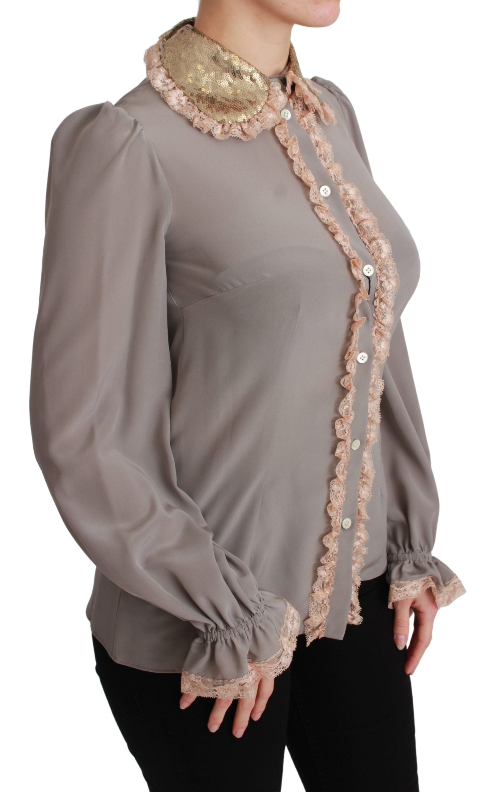 Gray silk blouse with gold sequin lace details, Dolce & Gabbana shirt, elegant women's fashion top.