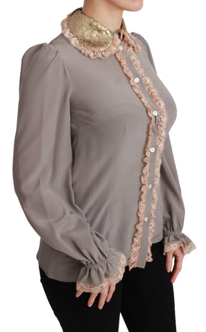 Gray silk blouse with gold sequin lace details, Dolce & Gabbana shirt, elegant women's fashion top.