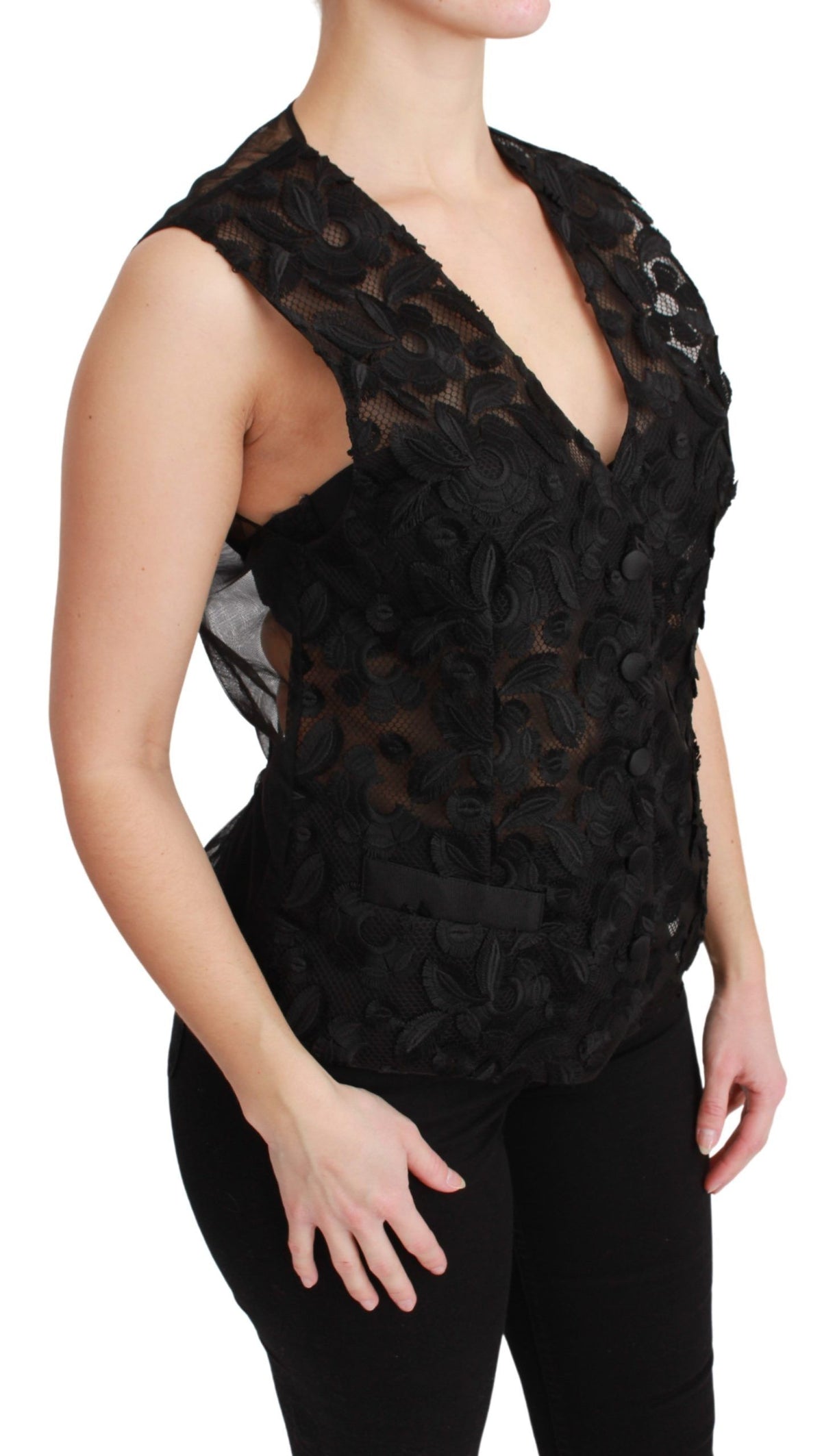 Black floral brocade Dolce & Gabbana top gilet waistcoat with intricate floral pattern and tailored fit.