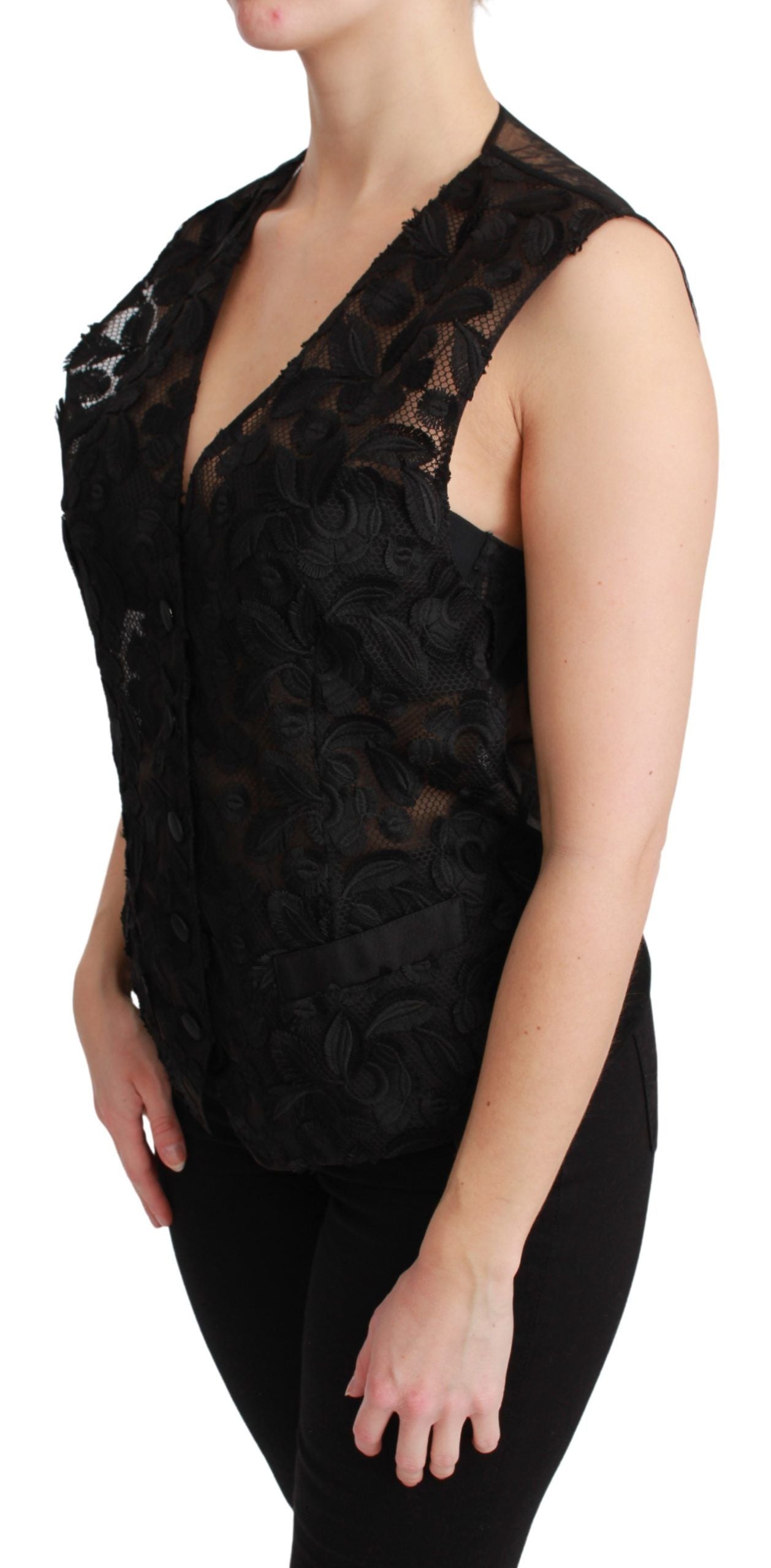 Black floral brocade top gilet waistcoat by Dolce & Gabbana, featuring intricate floral patterns and tailored fit.
