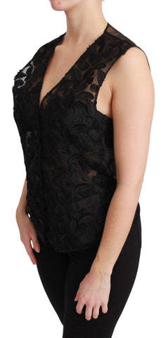 Black floral brocade top gilet waistcoat by Dolce & Gabbana, featuring intricate floral patterns and tailored fit.