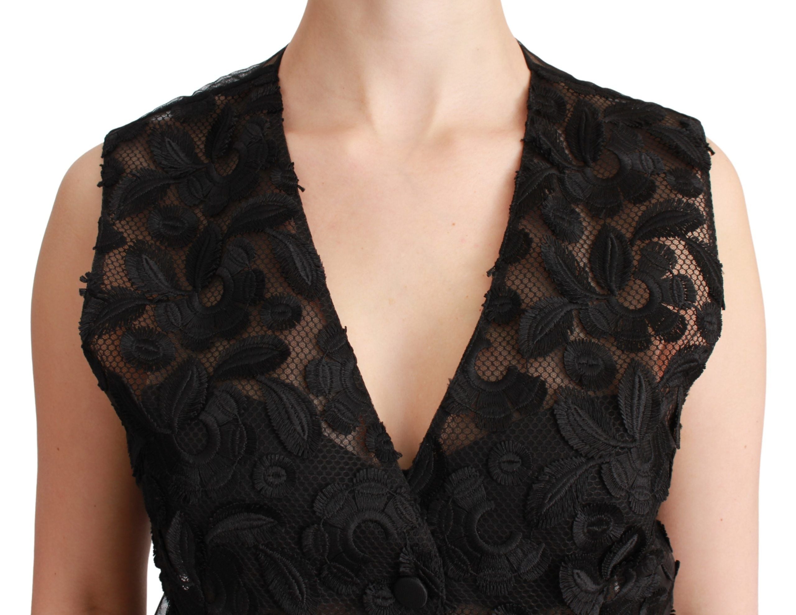 Black floral brocade top gilet waistcoat by Dolce & Gabbana, featuring intricate floral embroidery and a fitted sleeveless design.