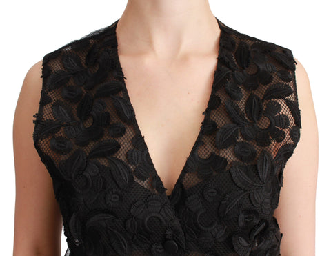 Black floral brocade top gilet waistcoat by Dolce & Gabbana, featuring intricate floral embroidery and a fitted sleeveless design.
