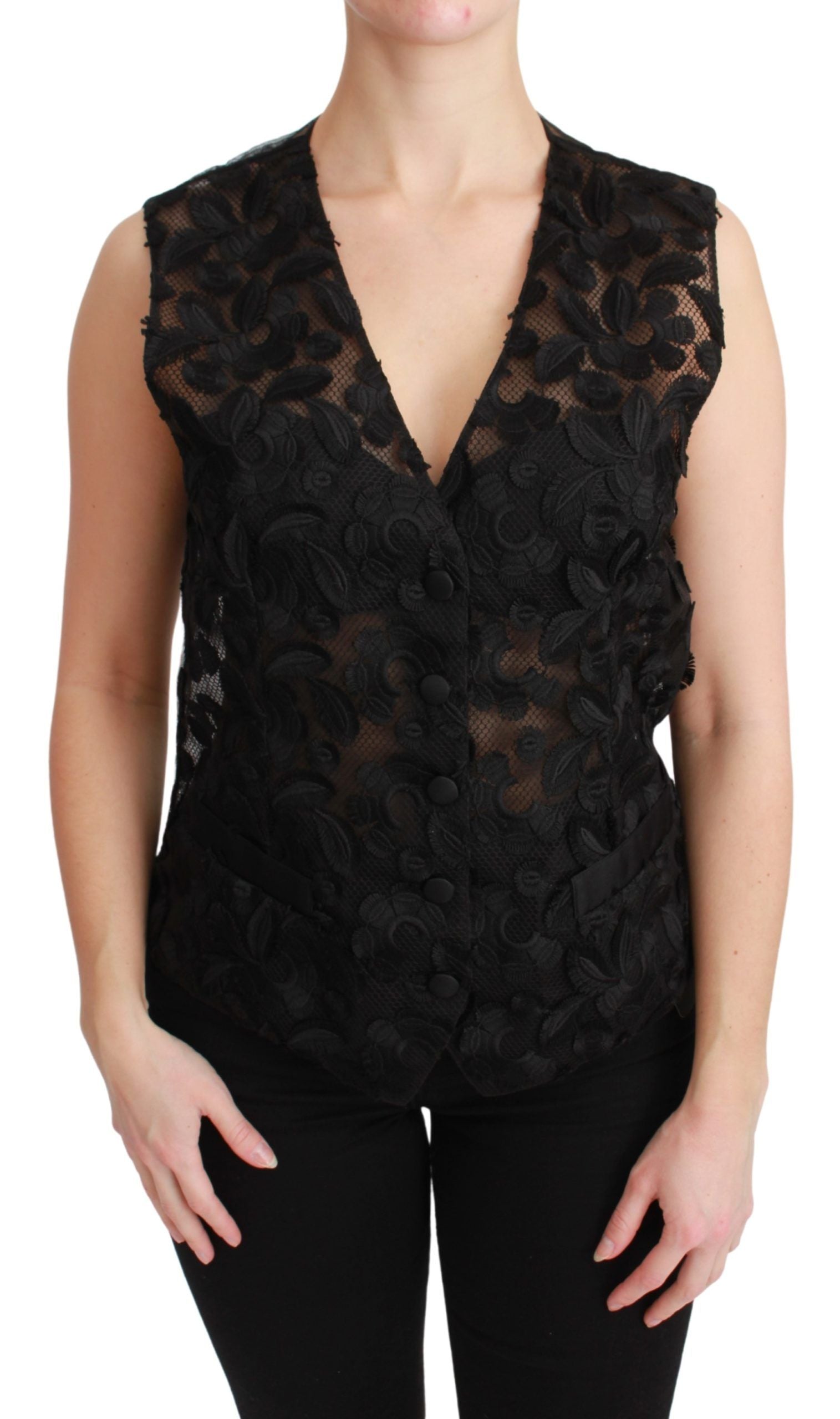 Black floral brocade top gilet waistcoat by Dolce & Gabbana, featuring intricate floral patterns and tailored fit.