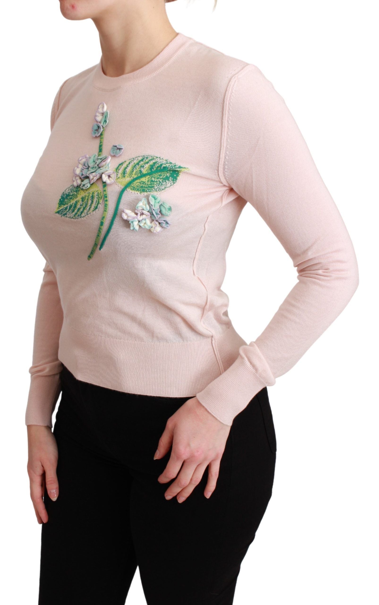 Pink floral silk cashmere Dolce & Gabbana pullover sweater with a soft, luxurious knit and vibrant floral pattern.
