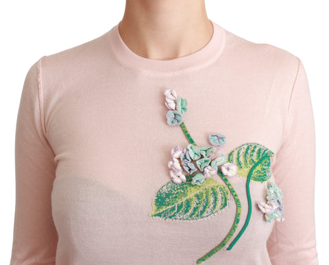 Pink floral silk cashmere pullover sweater by Dolce & Gabbana, featuring a soft silk blend fabric with floral pattern details.