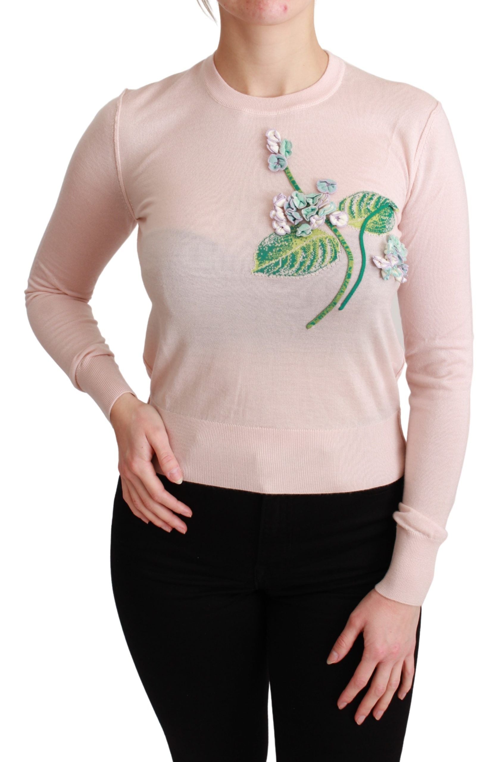 Pink floral silk and cashmere Dolce & Gabbana pullover sweater with a delicate floral pattern and soft texture.