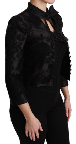 Black floral jacquard blazer silk jacket by Dolce & Gabbana, featuring a tailored fit with intricate floral patterns.