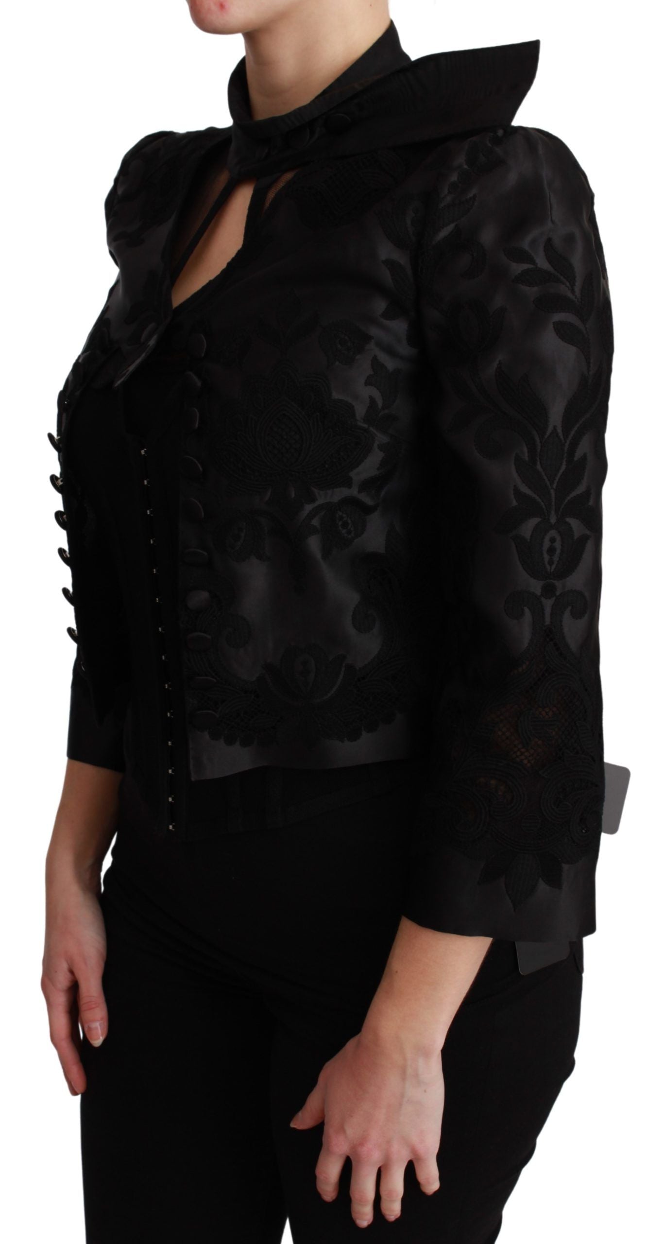 Black floral jacquard blazer silk jacket by Dolce & Gabbana, featuring intricate floral patterns and tailored fit.