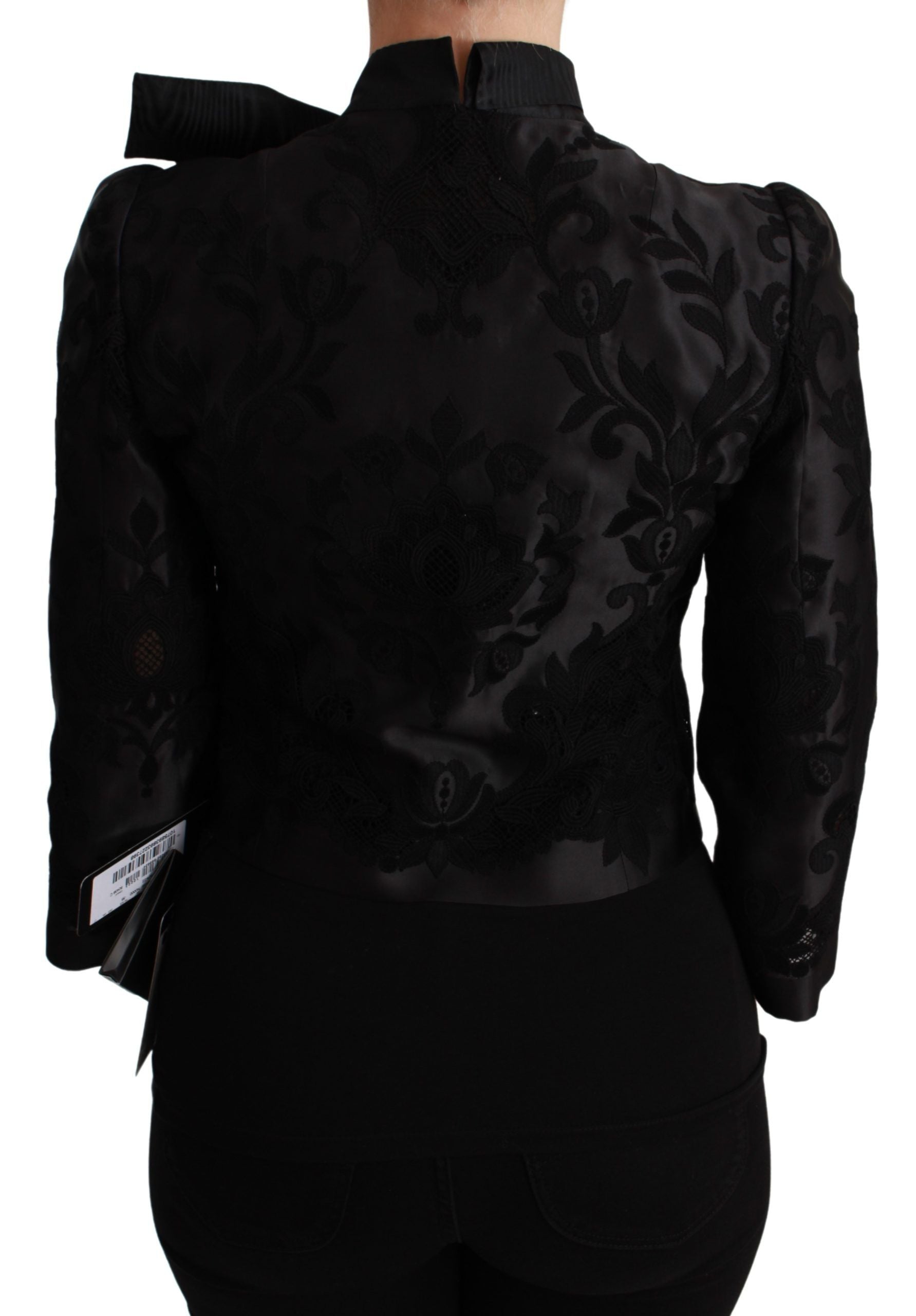 Black floral jacquard blazer silk jacket by Dolce & Gabbana, featuring elegant floral patterns and tailored fit.