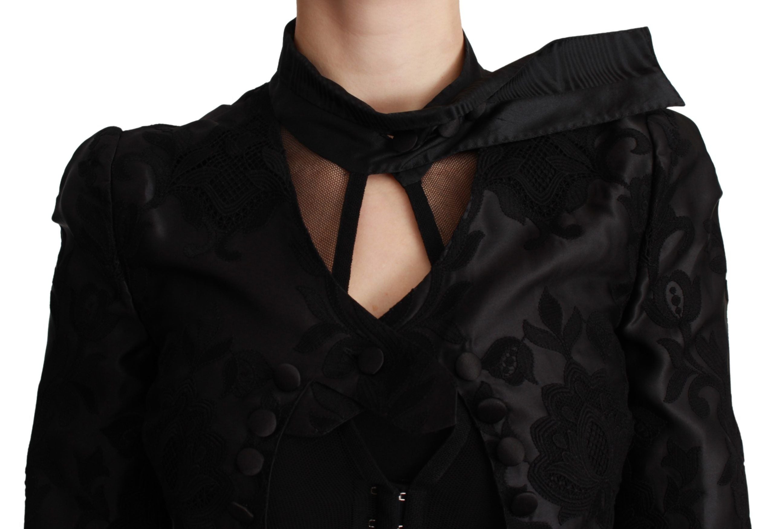 Black floral jacquard silk blazer jacket by Dolce & Gabbana, featuring intricate floral patterns and tailored fit.