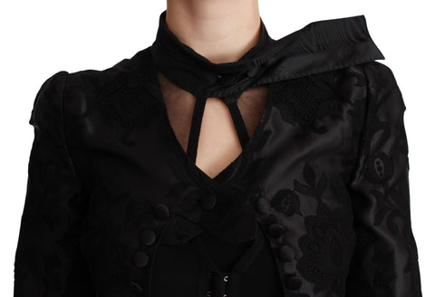Black floral jacquard silk blazer jacket by Dolce & Gabbana, featuring intricate floral patterns and tailored fit.