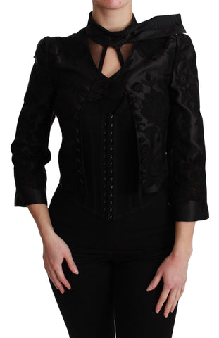 Black floral jacquard blazer silk jacket by Dolce & Gabbana, featuring a tailored fit and intricate floral patterns.