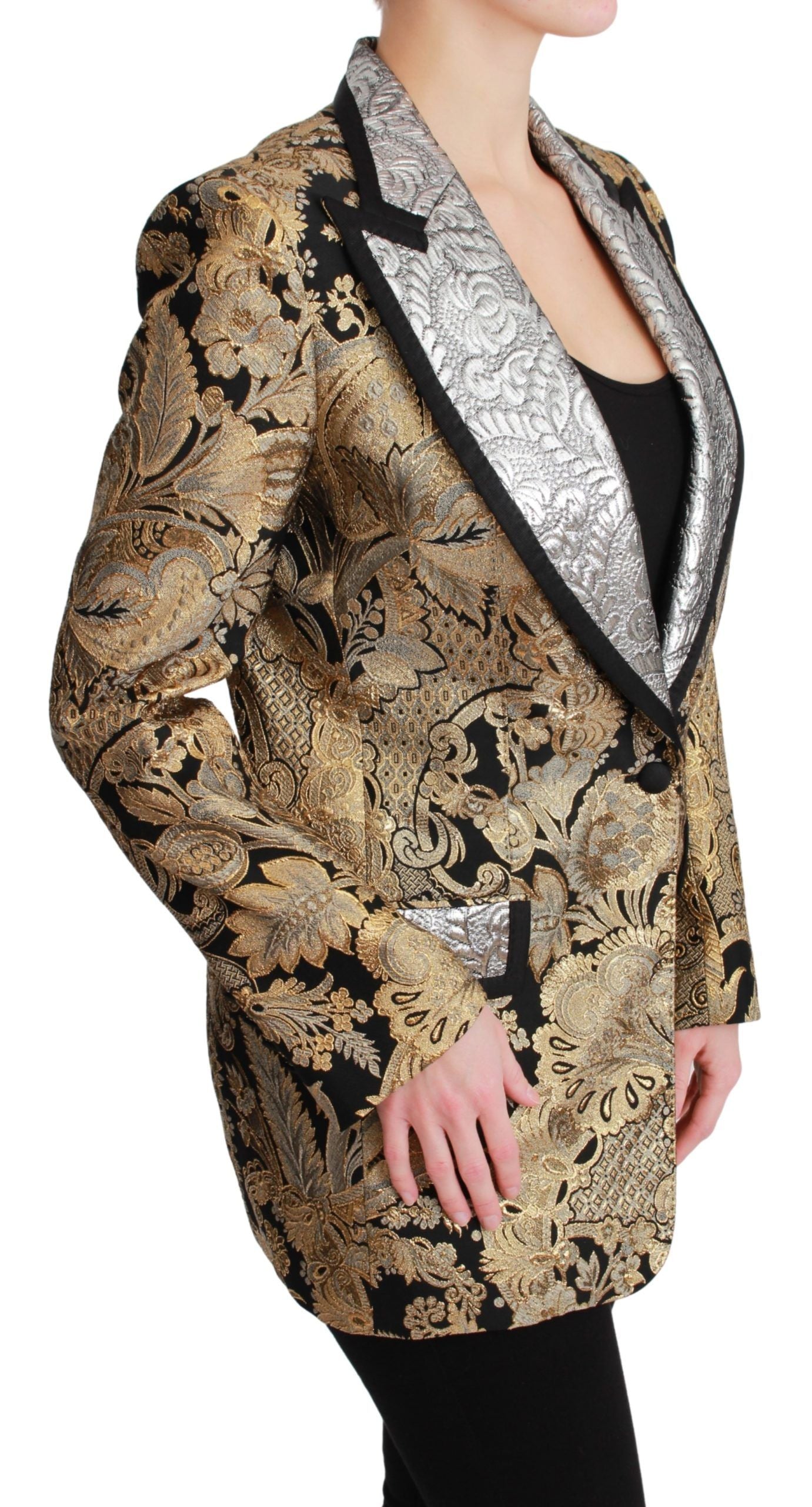 Black gold jacquard blazer jacket by Dolce & Gabbana, featuring a fitted silhouette with intricate gold and black woven pattern.