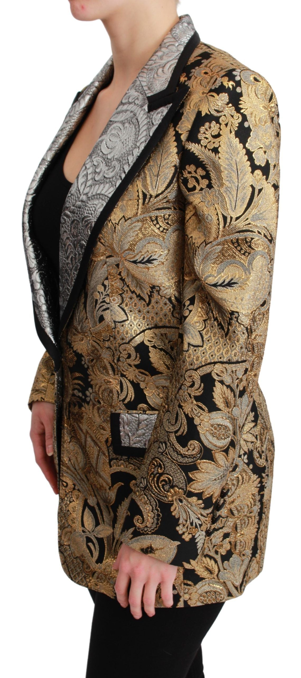 Black and gold jacquard blazer jacket by Dolce & Gabbana featuring intricate pattern and tailored fit.