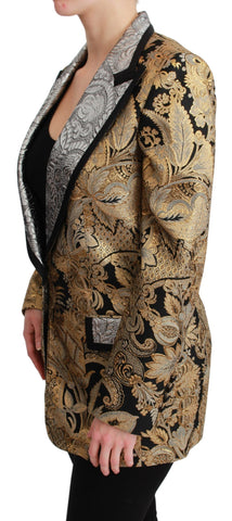 Black and gold jacquard blazer jacket by Dolce & Gabbana featuring intricate pattern and tailored fit.