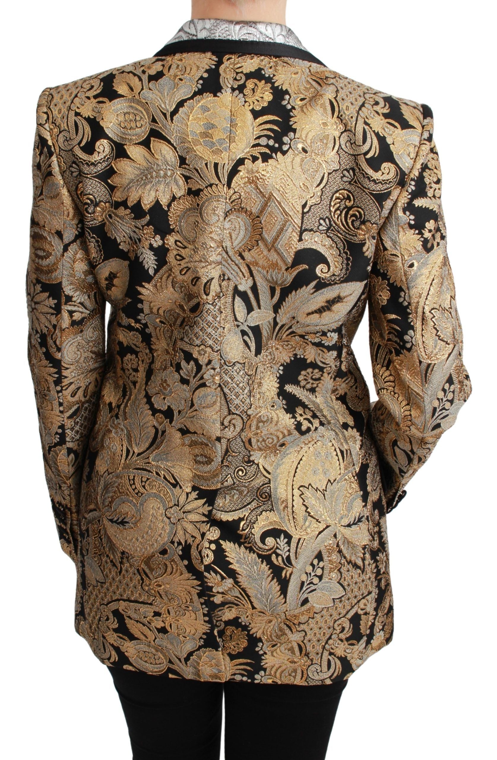 Black and gold jacquard blazer jacket by Dolce & Gabbana featuring intricate woven pattern and tailored fit.