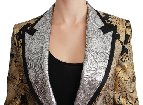 Dolce & Gabbana black gold jacquard blazer jacket with tailored fit and intricate pattern, front view showing lapels and buttons.