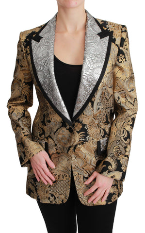 Black gold jacquard blazer jacket by Dolce & Gabbana featuring a tailored fit and intricate woven pattern.
