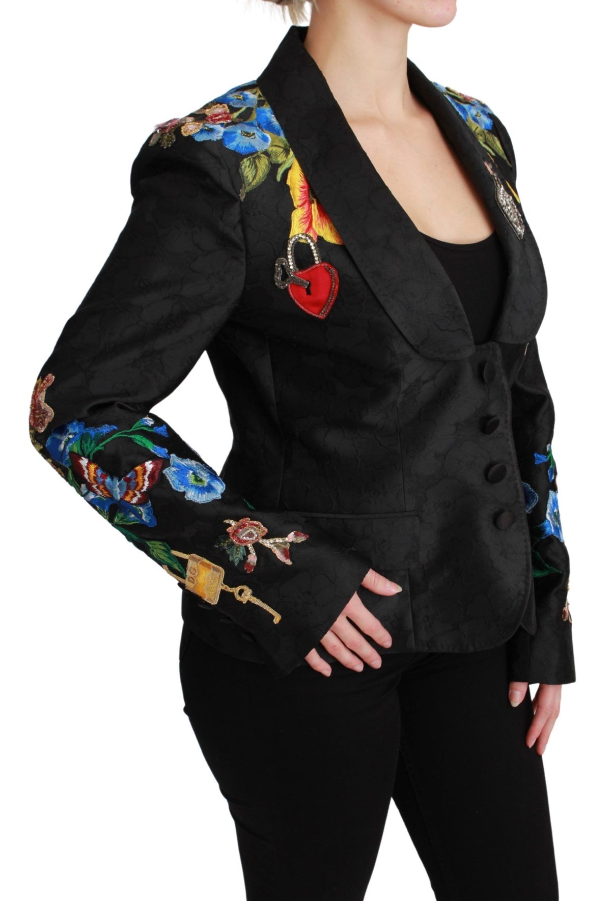Black brocade blazer jacket with crystal embellishments from Dolce & Gabbana, featuring a tailored fit and intricate pattern.
