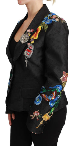 Black brocade crystal blazer jacket by Dolce & Gabbana, featuring intricate pattern and sparkling embellishments.