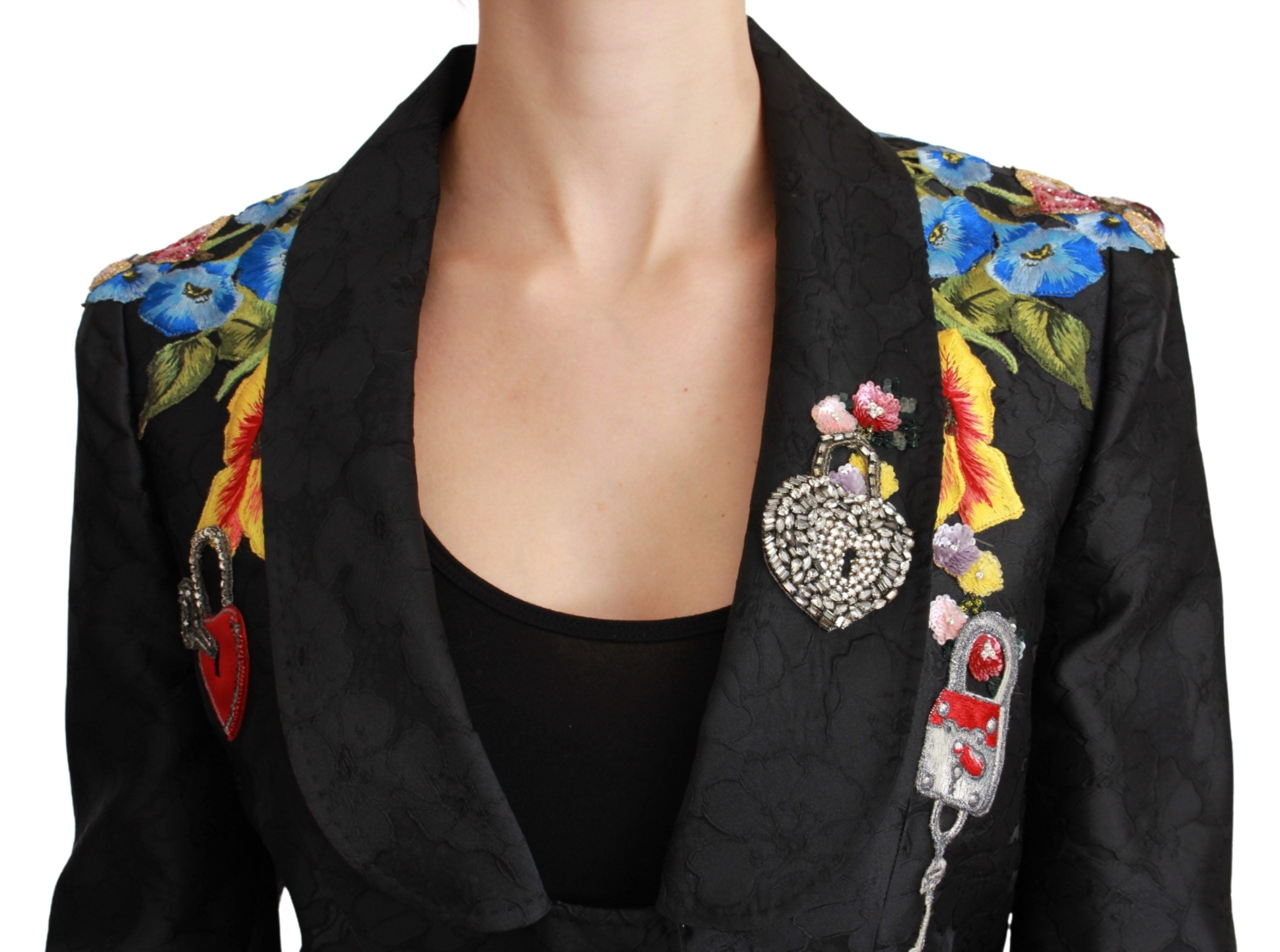 Black brocade blazer jacket with crystal embellishments from Dolce & Gabbana, featuring a tailored fit and ornate design.