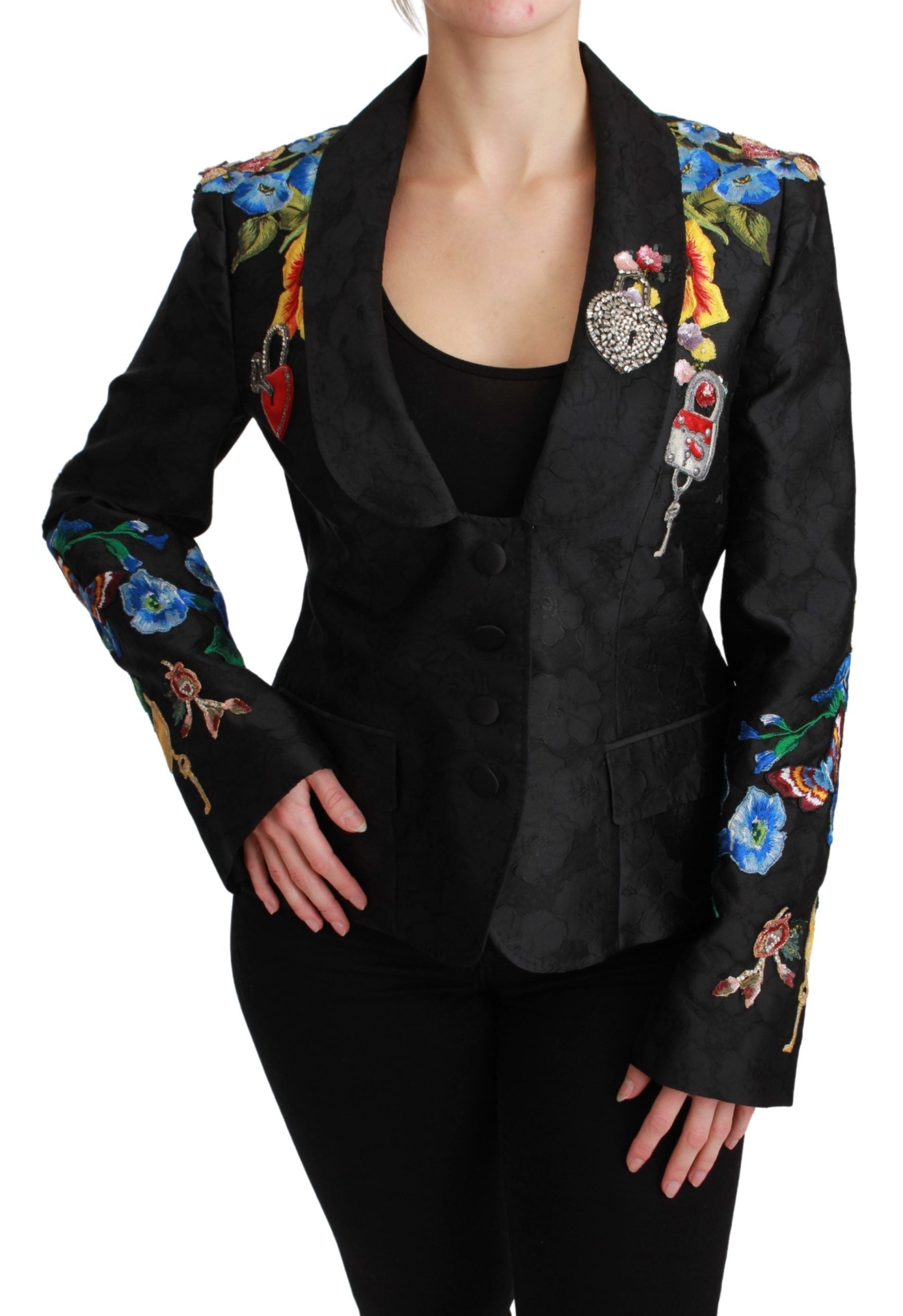 Black brocade crystal blazer jacket by Dolce & Gabbana, featuring intricate fabric and sparkling crystal embellishments.