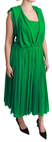 Green 100% silk sleeveless pleated maxi dress by Dolce & Gabbana, flowing fabric with elegant pleats, perfect for formal occasions.