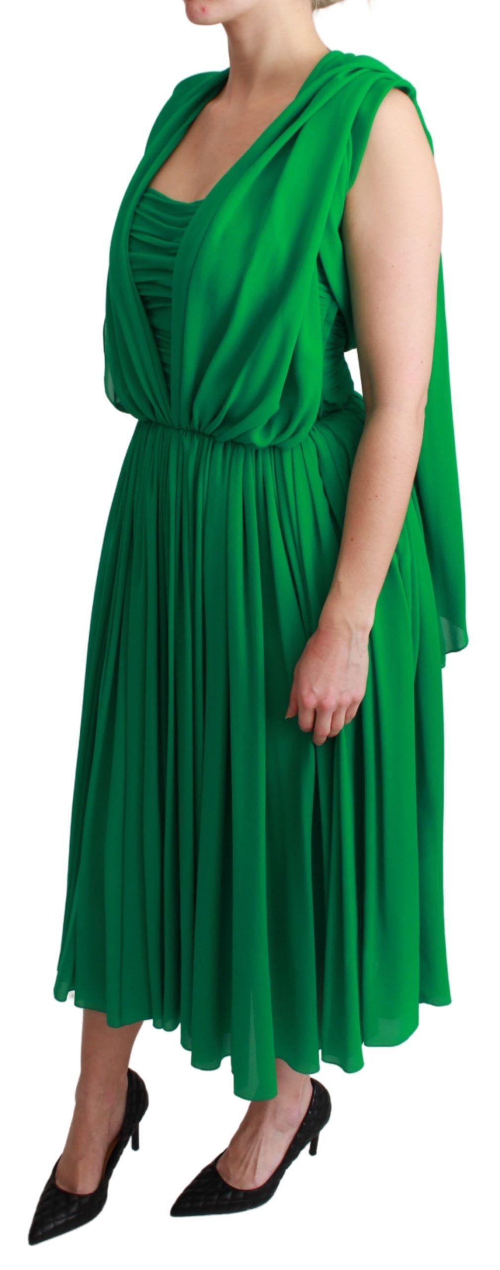 Green 100% silk sleeveless pleated maxi dress by Dolce & Gabbana, flowing fabric with elegant pleats and a sophisticated style.