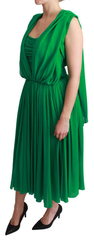 Green 100% silk sleeveless pleated maxi dress by Dolce & Gabbana, flowing fabric with elegant pleats and a sophisticated style.