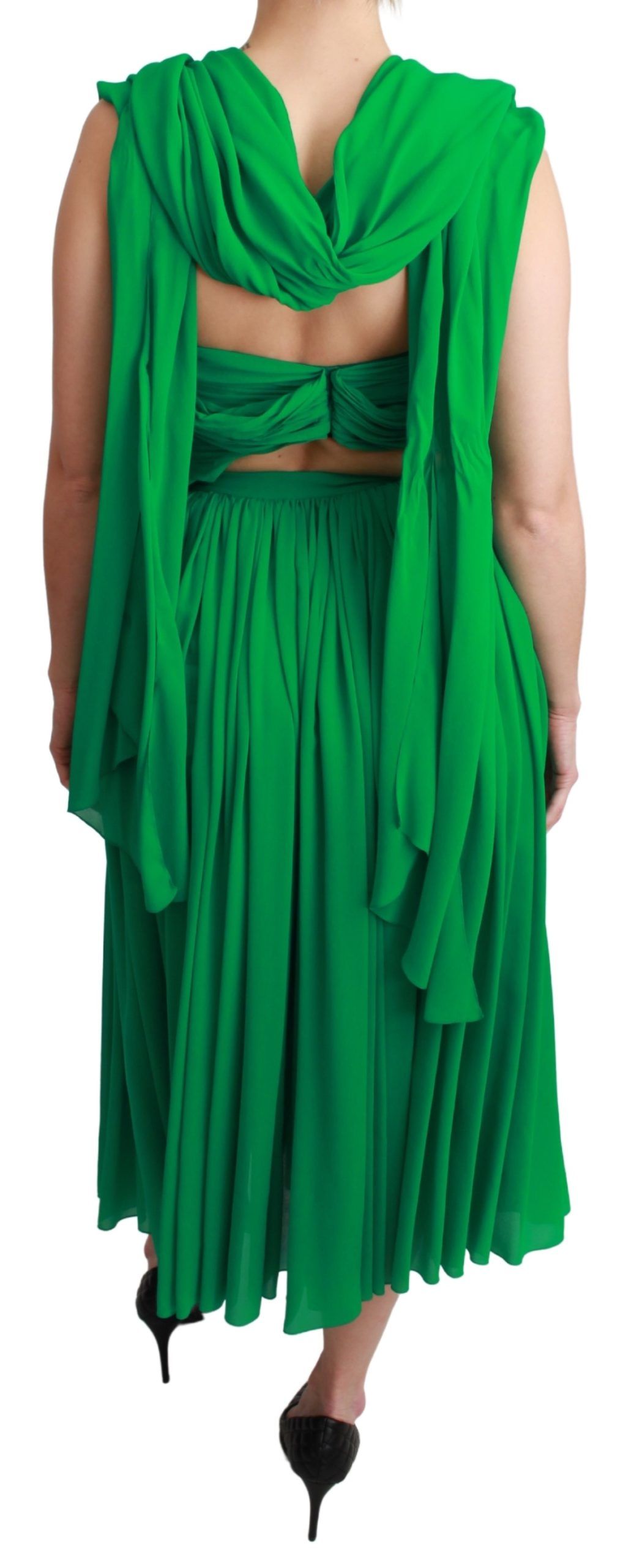 Green silk sleeveless pleated maxi dress by Dolce & Gabbana, flowing fabric and elegant design perfect for formal occasions.