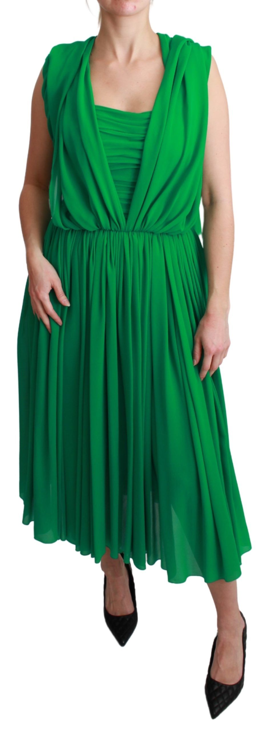 Green sleeveless silk maxi dress with pleats by Dolce & Gabbana, flowing design perfect for elegant occasions.