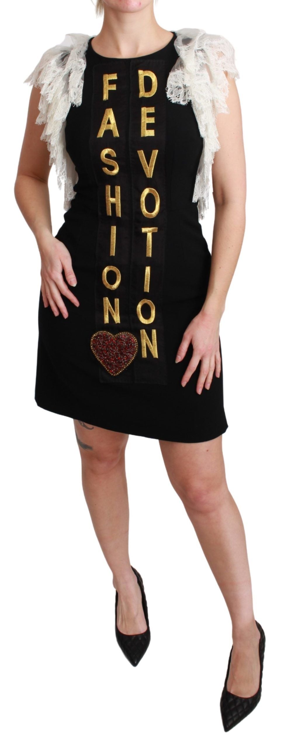 Black Dolce & Gabbana devotion sheath mini dress with fitted silhouette and stylish neckline, displayed on a mannequin.
