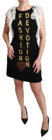Black Dolce & Gabbana devotion sheath mini dress with fitted silhouette and stylish neckline, displayed on a mannequin.
