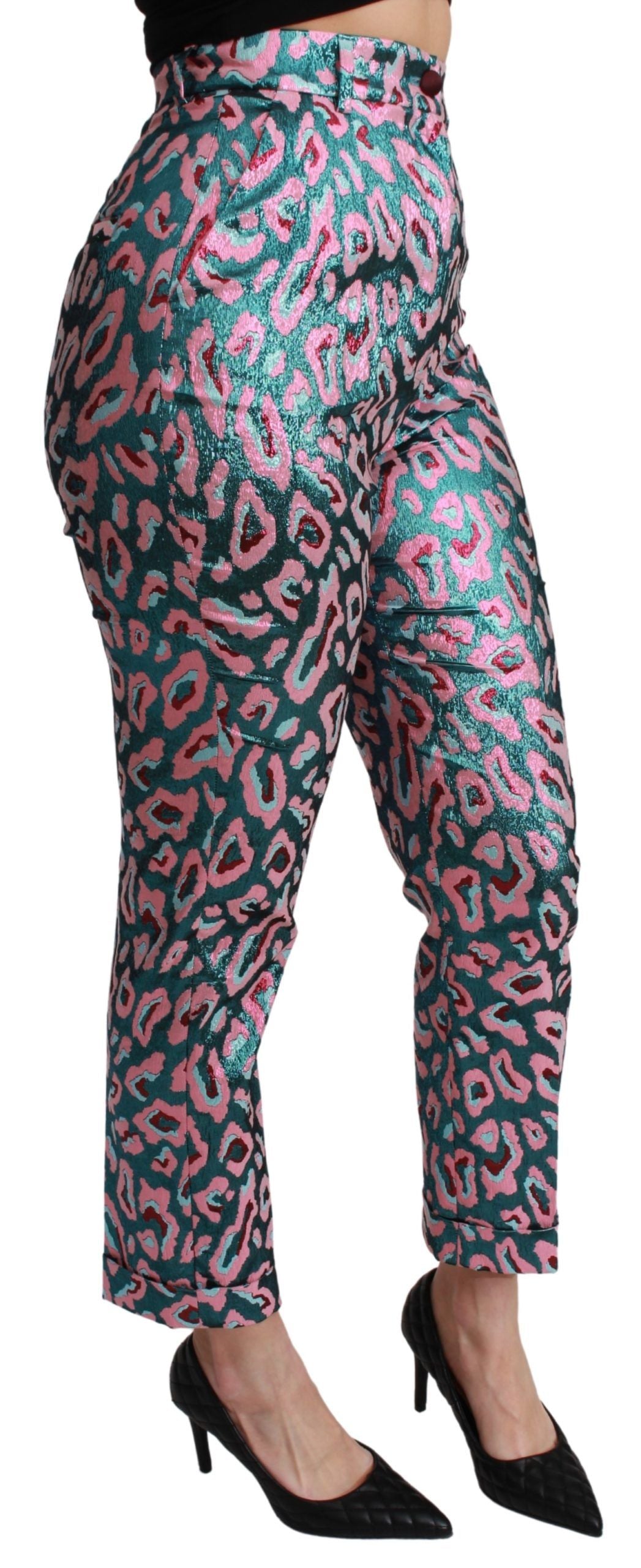 Multicolor patterned cropped high waist pants by Dolce & Gabbana with vibrant geometric design and tailored fit.